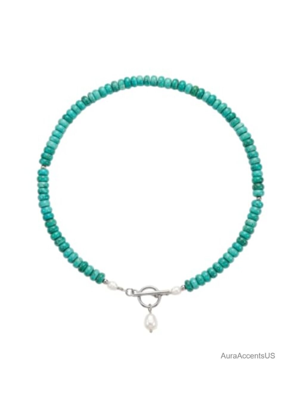 Turquoise Beaded Necklace Stainless Steel Toggle Clasp Pearl Pendant Choker